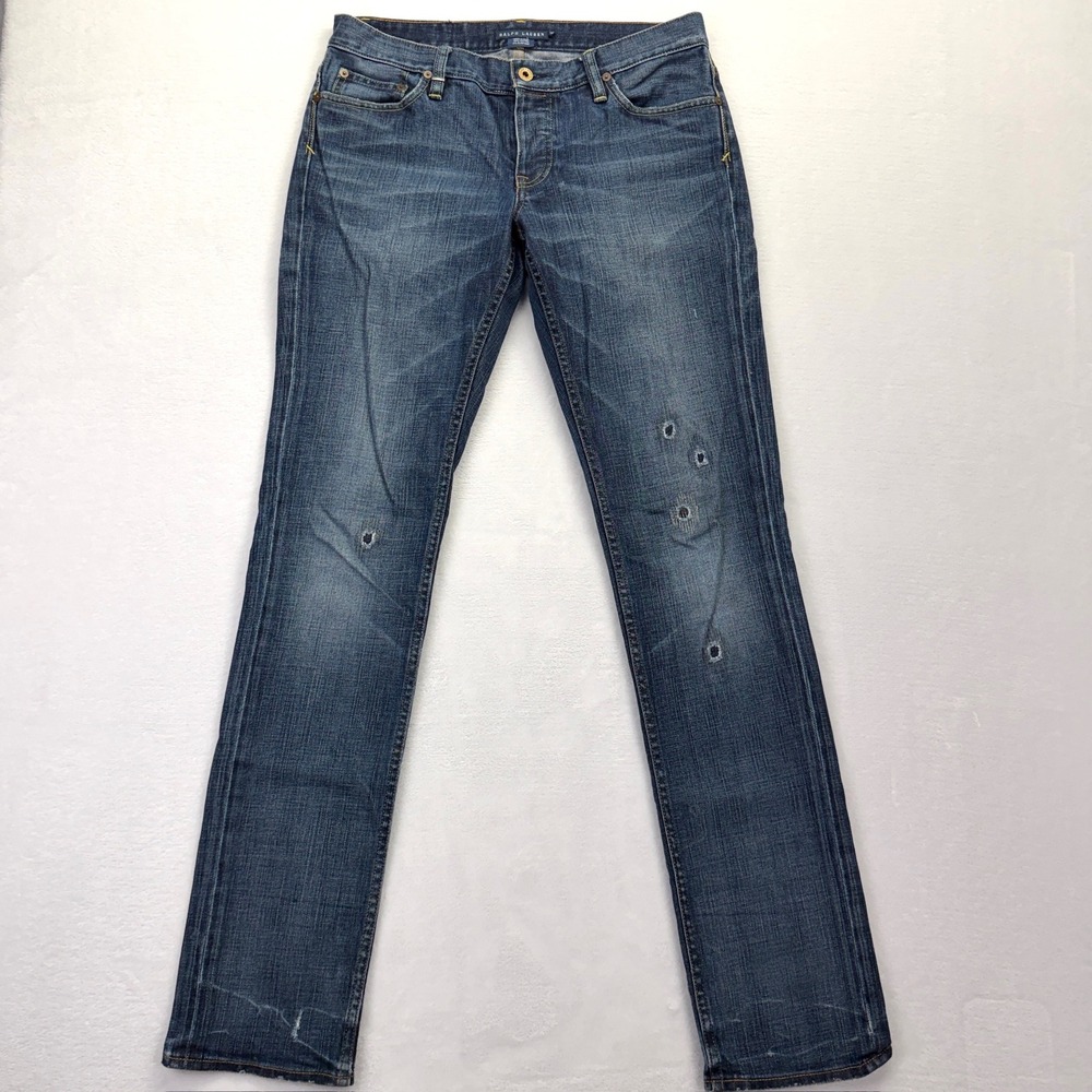 Ralph Lauren Blue Label Women Slim Straight Distressed Jeans Medium Wash Size 30